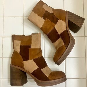 brown patchwork platform heel boots